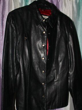 Nine West Leather Jacket Womens Large Black Button Front Classic